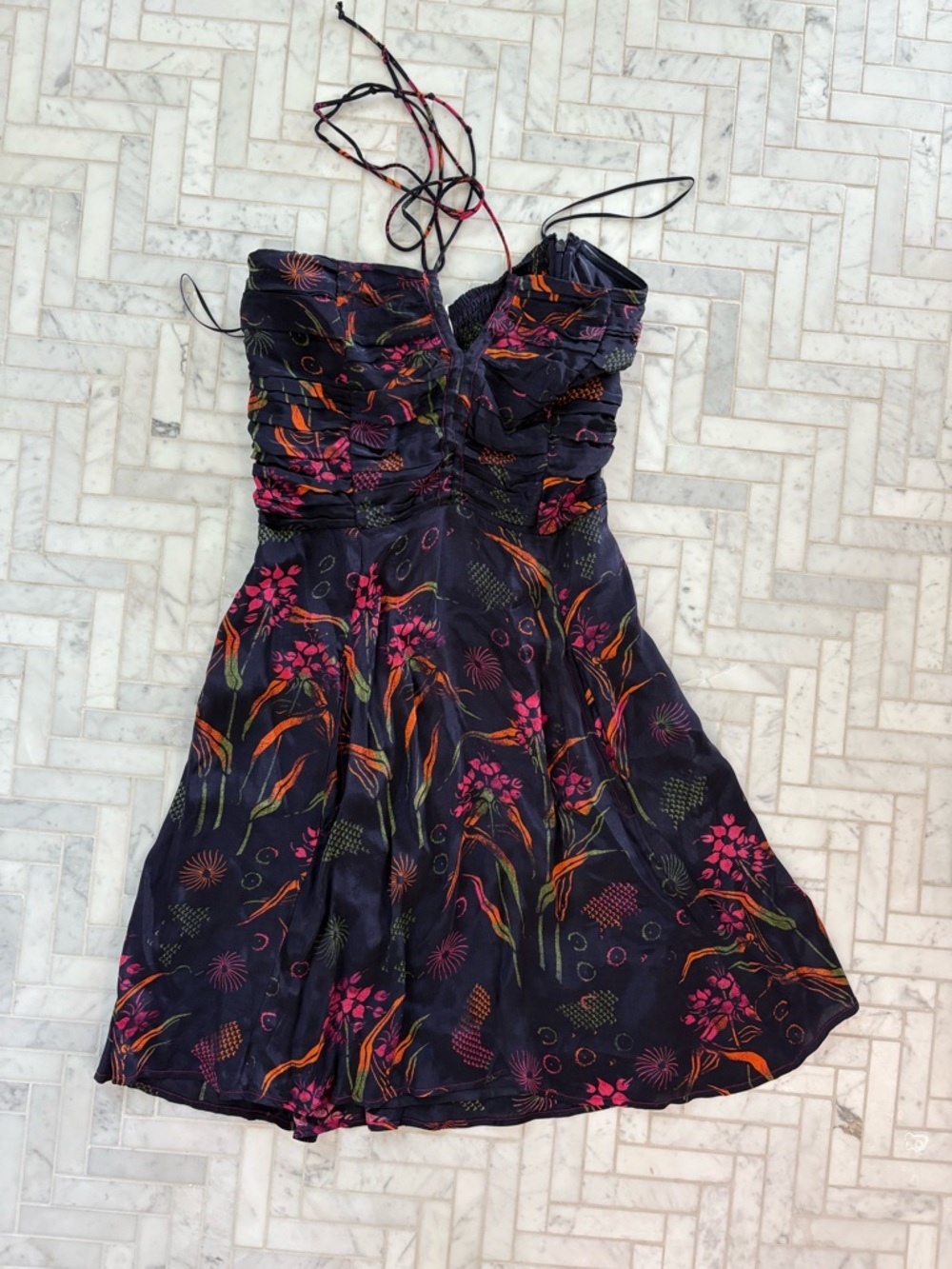 Black Floral Mini Dress with Pink & Orange Accents